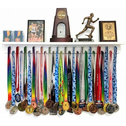 3ft Medal Hanger Display for Wall — Trophy Shelf with Hooks for Medals — 36 Solid Wood — Holds 30  Medals   Cased Medals for Running, Gymnastics, Cheer, Karate — White- Medal Awards Rack