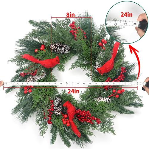 New Years Eve Party Supplies 2025, Large 24 Inch Wreaths Red Cardinal Ornaments Décor Gift with Pine Cones Needles Cypress Leaves Xmas New Year Home Indoor Tree Decor Christmas Decorations