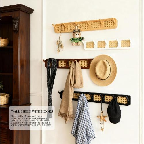 Coat Rack Wall Mount, Rattan Coat Hooks Hanger Wall Mounted, 6 Heavy Duty Bamboo Hooks Rack Rail for Hanging Clothes Hats Bags Robes Towels Plants, White (Natural)