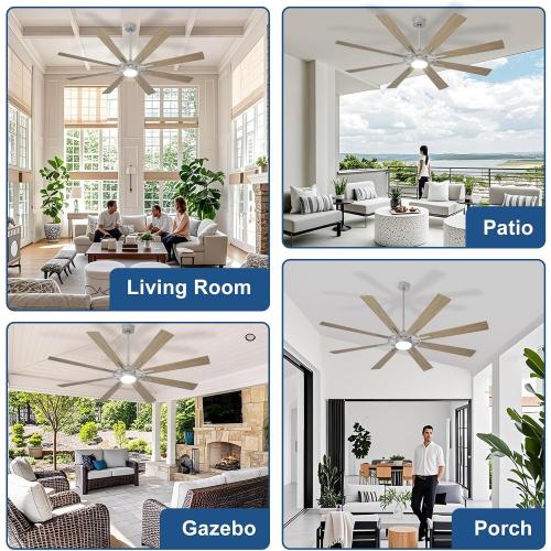 Large Ceiling Fans with Lights: Modern 72 Inch 8 Blade Outdoor Ceiling Fan with Remote APP Control - Dimmable Wood Big Fan light Indoor Reversible 6 Speed Quiet DC Motor