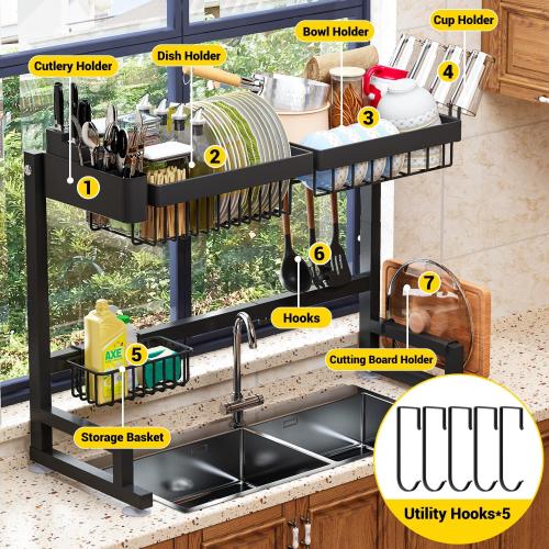 Over Sink Dish Drying Rack (Expandable Height/Length) Snap-On Design Large Dish Drainer Storage Counter Organizer 24 - 35.5(L) x 12(W) x 19 - 22(H)