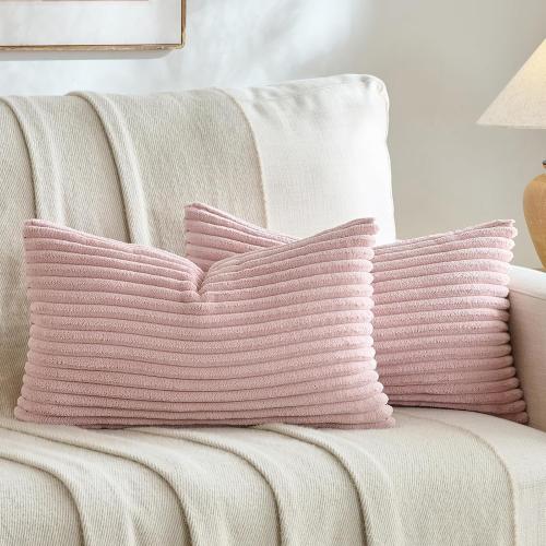 Fancy Homi Set of 2 Blush Pink Boho Small Lumbar Decorative Throw Pillow Cover 12x20 Inch for Couch Bed Chair, Aesthetic Modern Bohemian Room Decor, Soft Fluffy Corduroy Rectangle Cushion Case 30x50cm