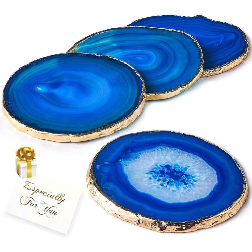 Set of 4 Color Blue Blue Agate Coasters Set of 4,Brazilian Geode Coasters for Drinks with Gold Rim(4-3.5),Natural Gem Stone Coasters Blue,Gemstone Cup Mat for Home Decor by Yougoals(4)