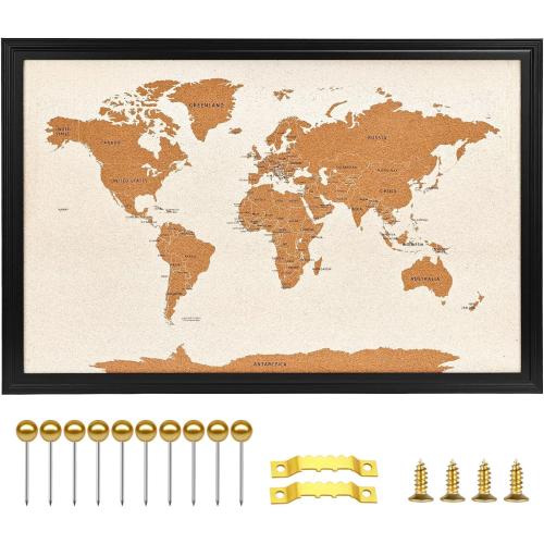 Wooden Frame Cork Board Map of World, 20 X 30 Bulletin Boards for Walls with 10 Pins, Travel Tracker Map for Office, School and Home (WD-MAP,5075,D)
