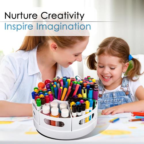 Art Supplies Organizer, Extra Large 360° Rotating Desk Organizer with 7 Removable Compartments, Marker Organizer for Home, Office, and Classroom, Crayon Holder