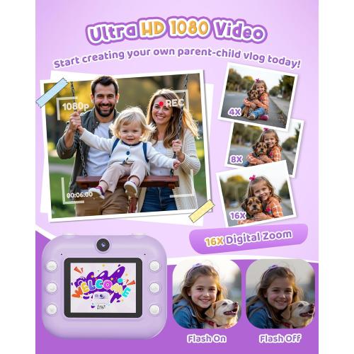 Instant Camera, Front Rear Dual Selfie Kids Camera with 1080P Videos, Holiday Birthday Gifts for Kids Age 3-12, Toddler Portable Travel Print Digital Camera Toy for 4 5 6 7 8 9 Year Boys Girls