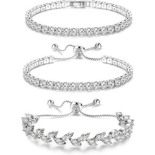 YADOCA Tennis Bracelets For Women - Silver Plated Bracelet Stack Cubic Zirconia CZ Diamond Adjustable Stackable Bracelets Set For Prom Wedding Jewelry Gift 3Pcs