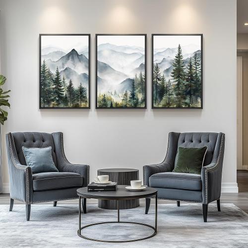 Framed Mountain Landscape Wall Art for Living Room, Large Foggy Forest Watercolor Artwork for Walls, 3 Piece Nature Mountain Forest Paintings Prints for Hallway Office Kitchen Wall Decor, 24x36 Inch