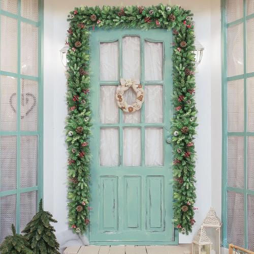 Pre-lit Christmas Garland 9FT with 100 Warm Lights, Battery Operated Xmas Garland with Pine Cedar Cones & Red Berries, Christmas Decoration for Mantle Fireplace Stair Railing Porch