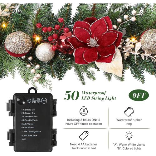 SHareconn 8.9FT Prelit Christmas Garland with Multi-Color LED Lights, Battery-Operated Timer, Includes Flower Ball Poinsettia for Mantle Fireplace Indoor Outdoor Xmas Decor, Red Champagne Gold, 8.9 FT