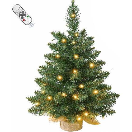 20Inch Prelit Artificial Small Mini Christmas Tree with Warm White Multi-Color LED Lights, Remote Control and Timer, Perfect for Xmas Tabletop Decorations, Home, Kitchen, Dining Table top Green