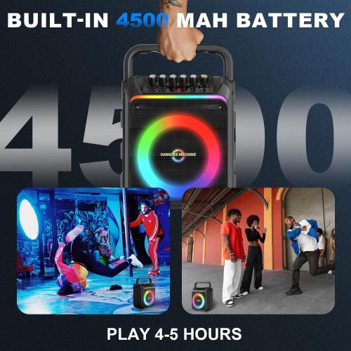 Karaoke Machine with 2 Wireless Microphones, Portable Bluetooth Speaker with Bass/Treble Adjustment, PA System with Remote Control, LED Light, Support REC/FM/AUX/USB/TF for Home Party