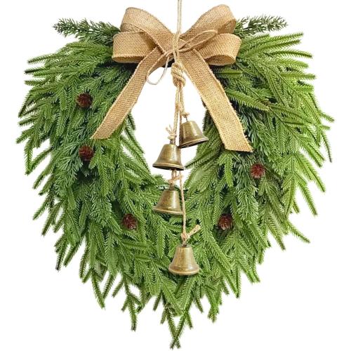 Faux Christmas Norfolk Pine Wreath with 4 Pcs Rustic Vintage Iron Bells,20 Inch Artificial Green Wreath Greenery Realistic Wreath Holiday Decoration (Bow)