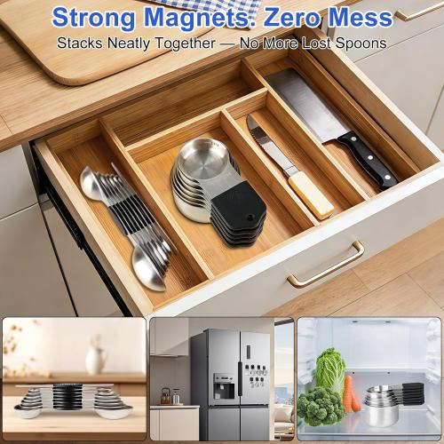 Magnetic Measuring Cups & Spoons Set, Strong N45 Magnets, Heavy Duty Stainless Steel Fits in Spice Jars for Baking & Cooking, BPA Free, Round Set of 15 with Leveler, Silver