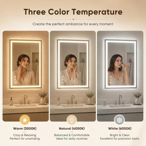 Antok 55x30 LED Bathroom Mirror with Lights, Backlit   Front Lit Vanity Mirror with CRI>90, Dimmable Anti-Fog Smart Mirror with Memory Function, 3 Color Temperatures, Shatterproof Tempered Glass, ETL