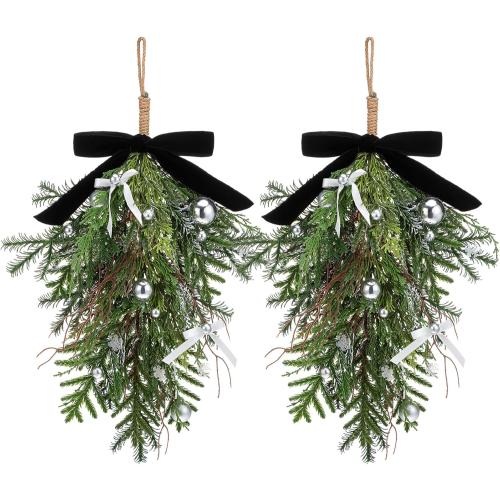 Chuangdi 2 Pcs Christmas Teardrop Swag with Black Velvet Bow and Silver Christmas Ball 19.7 Faux Cypress Needles Teardrop Wreath Rustic Hanging Swag for Xmas Door Mantle Fireplace Decor