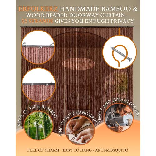 90 Strands Beaded Curtain for Doorways -35.5x79- Handmade Natural Beaded Curtains，Boho Doorway Wood and Bamboo Bead Curtain-As Insect Screen/Room Divider-Brown