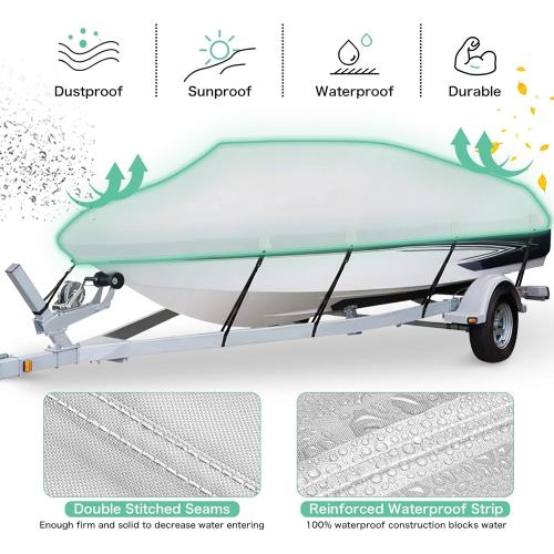 Heavy Duty 1200D PU Waterproof Boat Cover, 20'- 22' Trailerable Marine Grade Polyester Canvas, Fits 20-22ft V-Hull, Runabout, Fishing Boat, Tri-Hull, Pro-Style Bass Boat with Tightening Strap