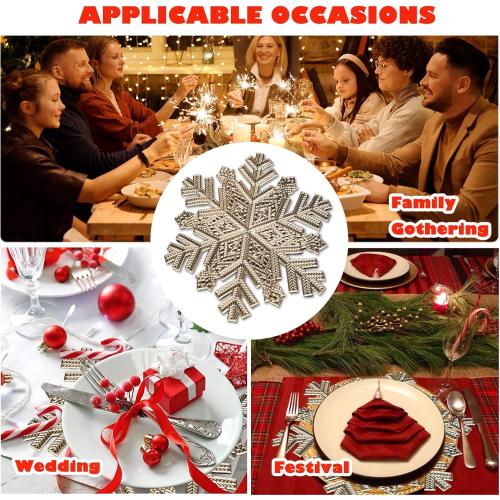 Snowflake Placemats Set of 6,Rouhuhura 15 inch Christmas Placemats Decorations Snowflake Tablemats Hollow Out Design Round Vinyl Place Mats Dining Table Setting Kitchen Table Mats for Christmas(Gold)