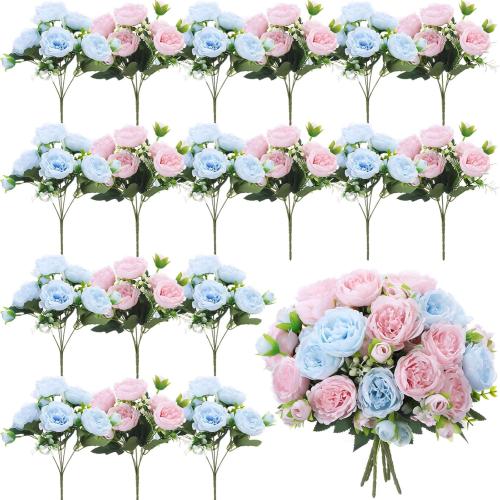 Geosar 16 Bundles Artificial Peonies Flowers Fake Silk Peony Bouquet Faux Peonies Flowers Bulk for Decoration Vase Floral Arrangements Wedding Party Table (Light Pink,Light Blue)