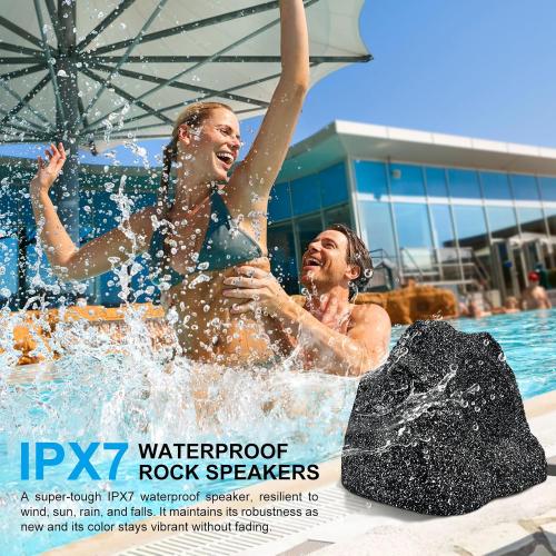 BLACK Herdio Outdoor Rock Bluetooth Speakers Wired IPX7 Waterproof 200 Watt Resin Material All Weather for Deck Pool Backyard Patio Garden BBQ (1 Pair Black)