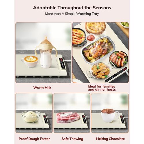 Food Warming Mat 24x16 Inches, Electric Warming Tray with 7 Temps, Foldable Food Warmer for Parties, Buffets, Family Gatherings, Holiday & Sabbath, Child Lock, Heating Mat for Food, Beige
