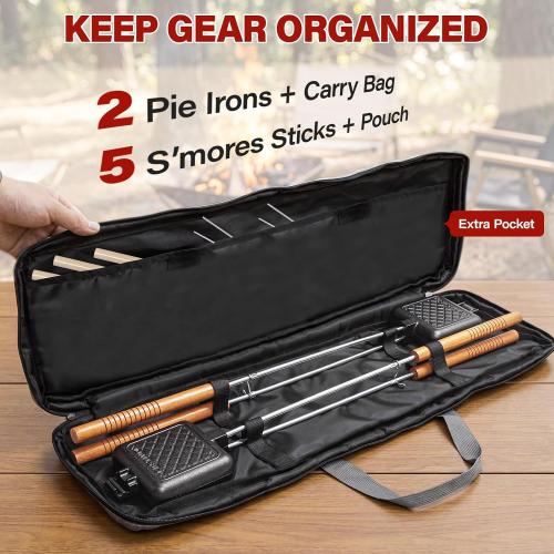 Mountain Pie Maker Cast Iron Set of 2 with Storage Bag – 5 Smores Sticks for Fire Pit, Camping and Outdoor Cooking