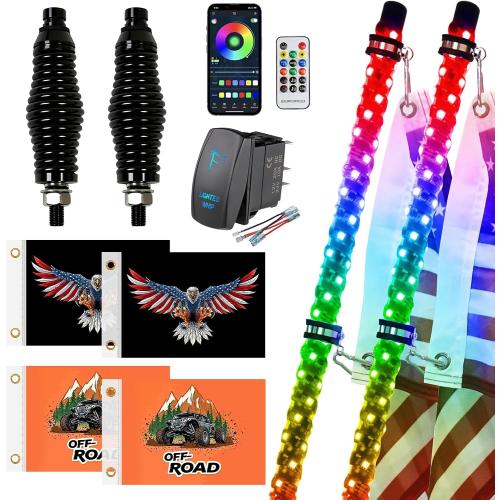 2 Pack 4FT Whip Lights with Spring Base,LED Whip Light with App &Remote Control, Spiral RGB Chasing Lighted Whips with Rocker Switch,Music Whip Light for UTV ATV Polaris RZR Can-Am SXS Truck