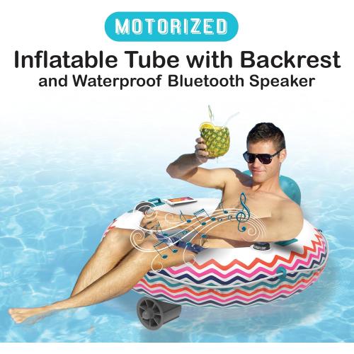 Motorized Inflatable Pool Float Lounger Tube, Bluetooth 5 IPX7 Waterproof Speaker, Pool & Lake Float with Mesh Bottom, Cup Holder, Backrest, Heavy-Duty Handles, 66W Motor
