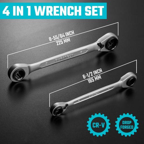 DURATECH 4-in-1 Reversible Ratcheting Box Wrench Set, Double Box End, Metric, 2-Piece, 8, 10, 12, 13 & 14, 15, 17, 19 mm, CR-V Steel, Matte Chrome Plated, with Rolling Pouch