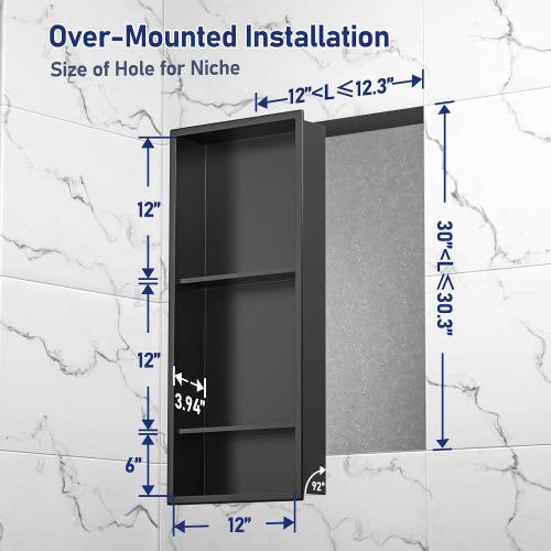 Stainless Steel Shower Niche Matte Black 30 X 12 W/ 3-Tier Shelf | Recessed shower niche no tile needed,space-saving,vertical niche, silver bathroom niche shower for shampoo & soap storage