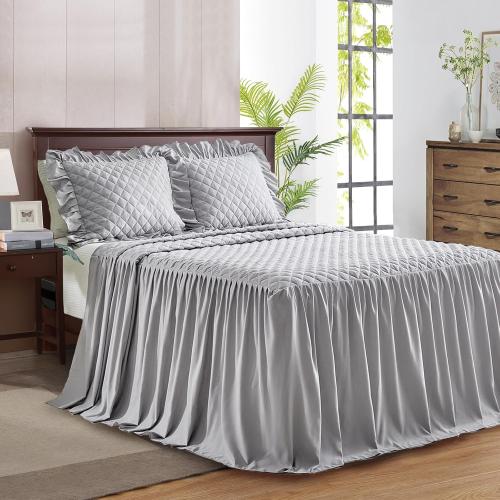 Ruffle Skirt Bedspread Set - 30 Long Drop - Vintage Chic Ruffled Summer Coverlet Bed Spreads Quilt Boho Bedding Farmhouse Style Lightweight Luxurious Rustic 3 Piece Set Queen Size Gray