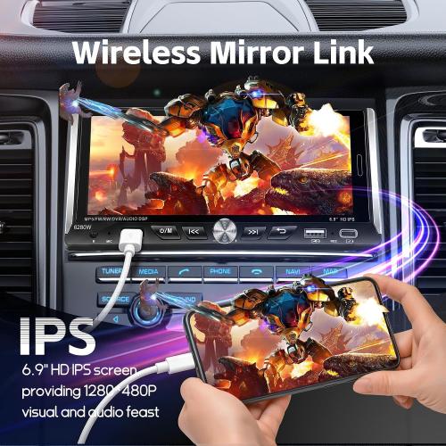 Single Din Radio Car Stereo with Wireless Apple Carplay & Android Auto, 6.9 UHD Touchscreen Car Stereo with Bluetooth, 1080P Backup Camera Mirror Link Navigation USB Type-C Fast Charging FM/AM EQ SWC