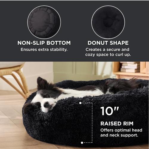 Bedsure Calming Dog Bed for Large Dogs - Donut Washable Large Pet Bed, 36 inches Anti-Slip Round Fluffy Plush Faux Fur Dog Bed, Fits up to 80 lbs Pets, Black
