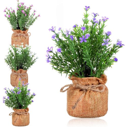 Tobeelec 3 Pcs Babys Breath Artificial Flowers in Small Burlap Bag Vases -Gypsophila Faux Flowers Farmhouse Home Coffee Table Bookshelf Office Desk Decorations Kitchen Dining Room Fake Plants Indoor