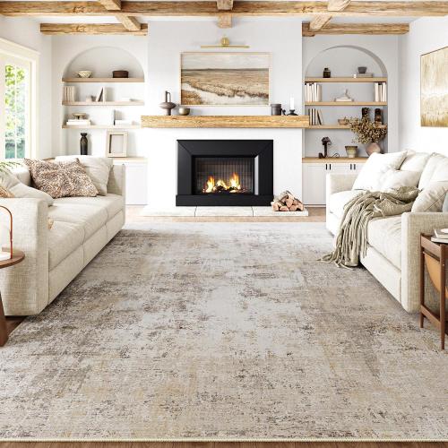 10x14 Area Rug Beige Grey Abstract Living Room Bedroom Washable Carpet Neutral Modern Non Slip Soft Low Pile Indoor Large Throw Rug for Dining Room Office