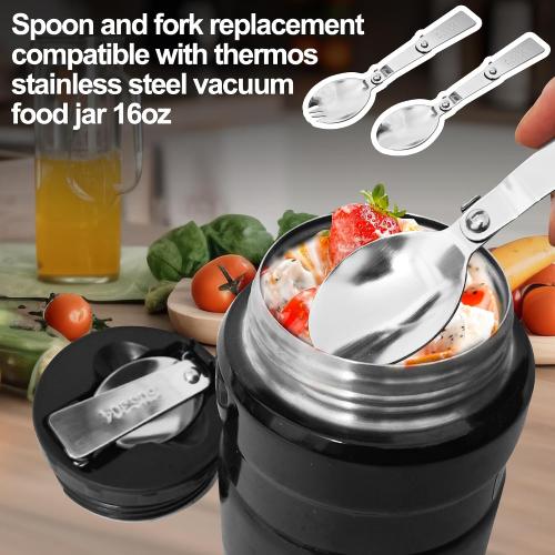 Replacement Foldable Spoon and Fork Set Compatible with Thermos Funtainer 16oz Food Jar, Stainless Steel Spoon Salad Spork Portable Outdoors, Dishwasher Safe