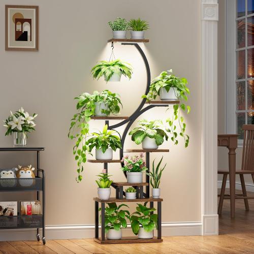 Plant Stand Indoor with Grow Lights - 62 Tall Plant Shelf, Lighted Corner Plant Stands for Indoor Growing, 8 Tiered Large Flower Holder, S-Shaped Decorative Rack for Living Room, Patent Design, Brown