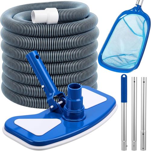 4 Pcs Swimming Pool Vacuum Kits 11.8 Vacuum Head with 1-1/2 x 29.5 ft Hoses, 13.7ft Pole and 17 Skimmer Net Flexible Head with Wheels for Above Ground Inground Hot Tub Cleaning Tool