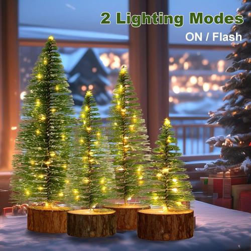 4 PCS Mini Christmas Trees, 4 Sizes Artificial Christmas Trees with 2 Modes LED String Lights Timer, Bottle Brush Trees Battery Powered Tabletop Tree Decoration (Warm White)