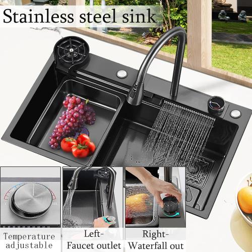 Kitchen Sink 27' Waterfall Stainless Steel Kitchen Sink with Pull-Faucet Single Bowl Bar sinks Adjustable temp 27x18 inches Sinks