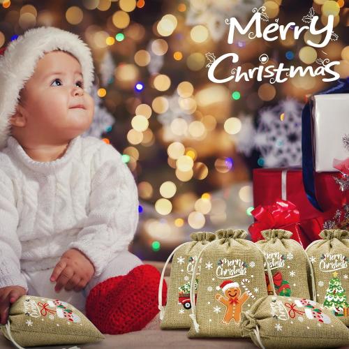 FLOE 72Pcs Christmas Burlap Gift Bags with Drawstring, 5x7in Christmas Linen Treat Bags with Tag, Xmas Candy Bag Small Jute Goody Reusable Gift Wrapping Bag Xmas Holiday Party Favors Sacks