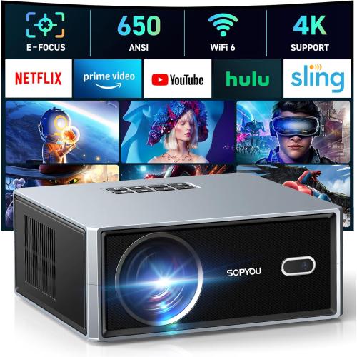 [Electric Focus/Auto Keystone] Projector with WiFi and Bluetooth, Native 1080P 4K Support Outdoor Movie Projectors Max 450 Display, SOPYOU Home Theater Projector for iOS/Android/TV Stick
