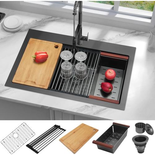 Black Drop In Sink 33x22, Matte Black Stainless Steel Sink Drop In 33x22, 16 Gauge Stainless Steel Black Kitchen Sink with Workatation Ledge and Abundant Accessories