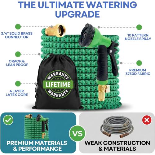J&B XpandaHose 100ft Expandable Garden Hose, Lightweight, Brass Connectors | Ultra Strong 3750D fabric, 4-layer latex core, expands 3X, kink & leak-resistant, 10-pattern nozzle, storage bag