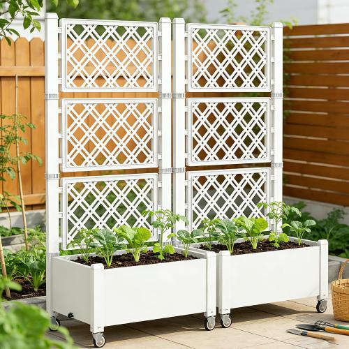 Miory 60 Raised Garden Bed with Trellis & Wheels, Vertical Gardening Planter Box with Water Level Indicator and Drainage System for Garden Outdoor Patio Balcony