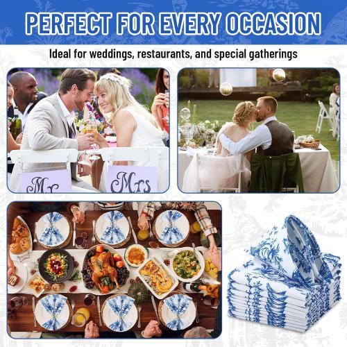 24 Pcs Blue Cloth Napkins Country French Dining Napkins 18 x 18 Blue Floral Reusable Cloth Napkin Rustic Table Decorative for Fall Christmas Holiday Party Supplies