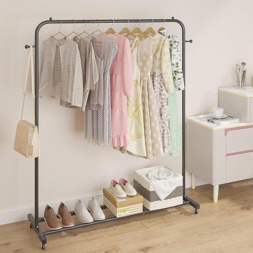 Garment Rack, Freestanding Simple Single Pole Clothes Rack With Wheels, Coat Rack, Multi-functional Rolling Clothing Storage With 2 Hooks for Bedroom, Living-room, Black