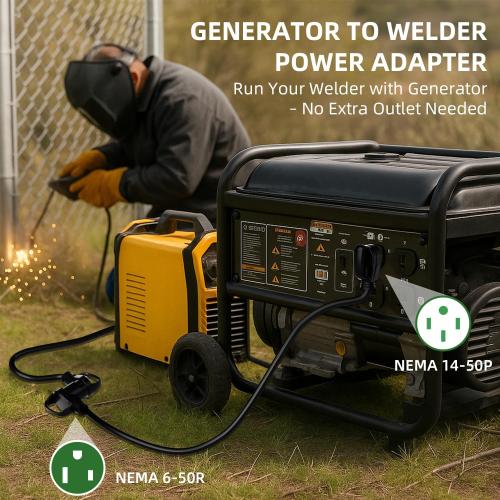 6 AWG Welder Extension Cord 10FT, NEMA 14-50P to 6-50R Adapter, 50 Amp 250V 12500W, Heavy Duty 4-Prong to 3-Prong Welding Power Cord with Handles & LED Indicator, Generator to Welder Use