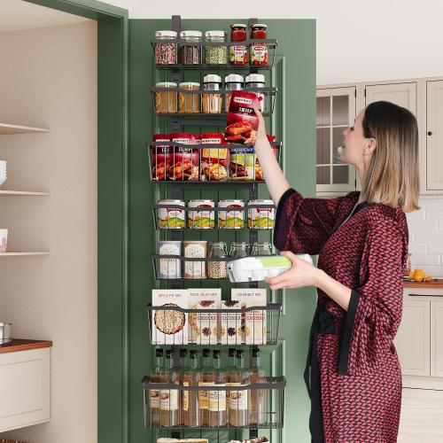 Over The Door Organizer，8-Tier Over The Door Pantry Organizer with Adjustable Baskets，Metal Hanging Pantry Organizers and Storage for Kitchen, Back of Door Seasoning Rack (Black)